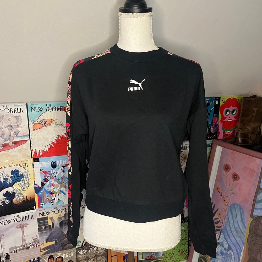 Puma Black Cropped Crewneck Sweatshirt with Floral Sleeve Stripes